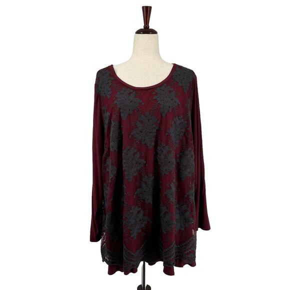 LOGO Lavish Lace Overlay Scoop Neck Top Tunic 2X Maroon A345571 Lori Goldstein - Picture 1 of 15
